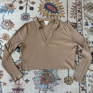 H&M Tan Ribbed Collared Cropped V-Neck Long Sleeve Top XL